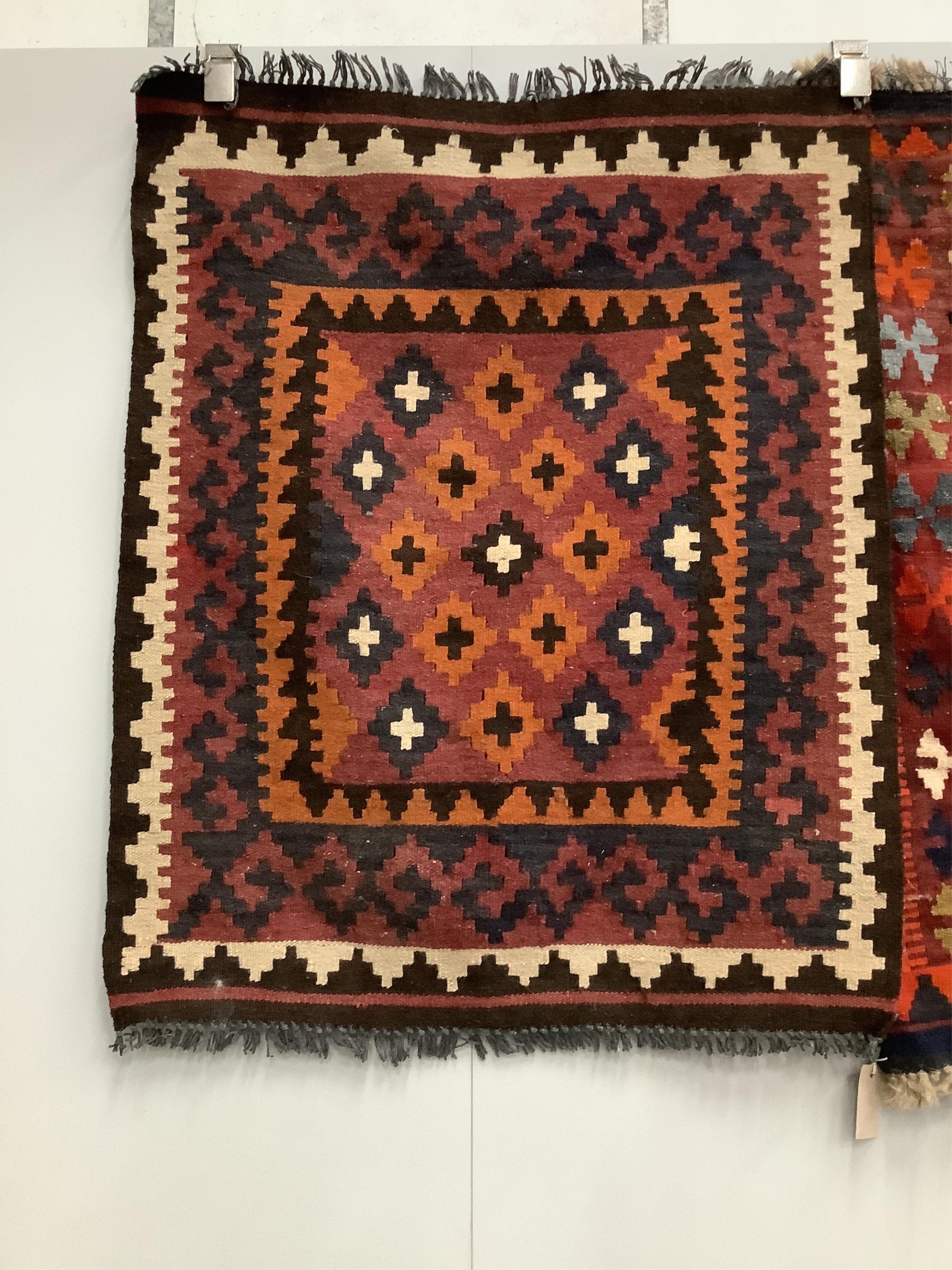 Two Kilim polychrome flat weave rugs, both 100cm x 78cm. Condition - fair to good